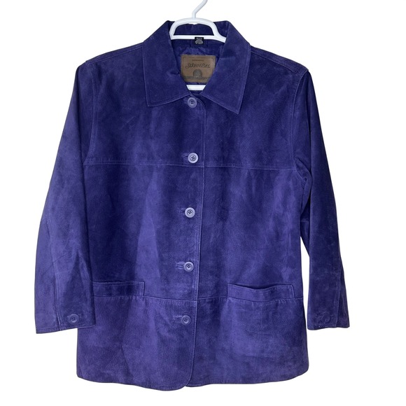 Vintage Jackets & Blazers - Vintage St Johns Bay Suede Leather Coat Women's Petite Large Purple‎ Button Up